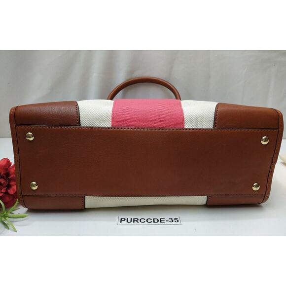 Michael Kors Hamilton Ivory Canvas Leather Trim Red Stripe Satchel Shoulder Bag - Picture 5 of 14